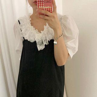 Short-sleeve Lace Detail Top / Spaghetti Strap Midi Dress