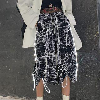 Reflective Trim Spiderweb Print Midi A-line Skirt