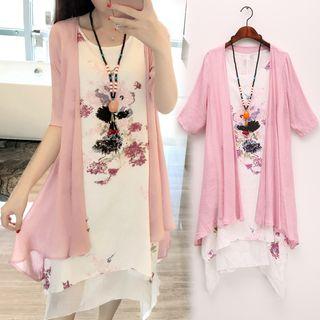 Set: Sleeveless Midi Floral Dress + Short-sleeve Light Jacket