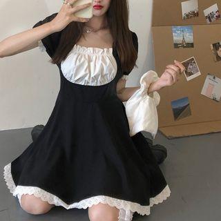 Lace-trim Color-block Short-sleeve Mini Dress
