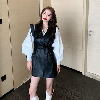 Puff-sleeve Plain Blouse / Faux-leather Tie-waist Sleeveless Top