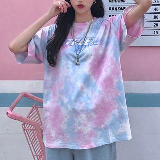 Tie-dye Oversized Lettering Elbow-sleeve T-shirt