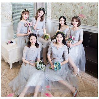 Lace Trim Elbow Sleeve Midi Bridesmaid Dress