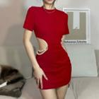 Short-sleeve Cutout Faux Pearl Mini Sheath Dress