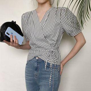 Wrapped Short Sleeve Check Blouse