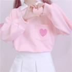 Collared Heart Embroidered Pullover Pink - One Size