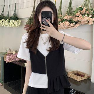 Short-sleeve Asymmetrical Mock Two-piece Panel Top