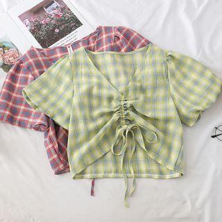 Plaid Drawstring Short-sleeve Blouse