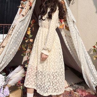 Lace Long-sleeve Midi A-line Dress Almond - One Size
