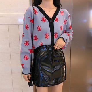 Printed Cardigan / Faux Leather Mini Skirt