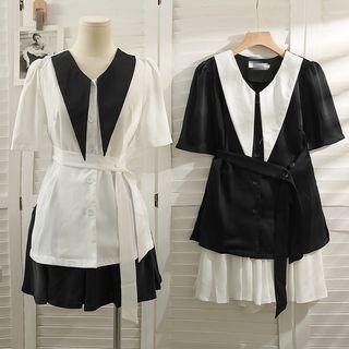 Set: Collar-details Puff-sleeve Long Shirt With Sash + High-waist Shorts