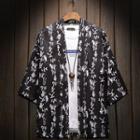 Printed Elbow-sleeve Open Front Light Jacket