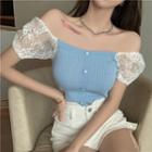 Off-shoulder Lace Panel Blouse Blue - One Size