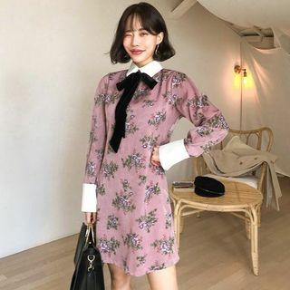 Long-sleeve Mini Floral Dress Pink - One Size