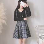 Set: Bow Accent Long-sleeve Knit Top + Plaid Suspender A-line Skirt