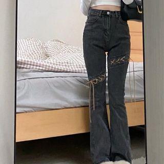 High Waist Lace-up Washed Bootcut Jeans