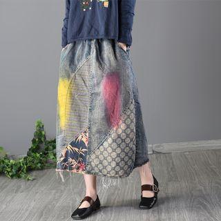 Applique A-line Denim Midi Skirt