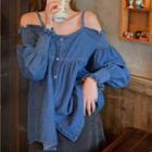 Flared-cuff Cold-shoulder Denim Blouse Blue - One Size