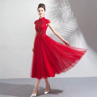Sequined Short-sleeve Midi A-line Cocktail Dress