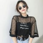 Letter Mesh Elbow-sleeve Top