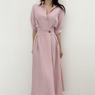 Short Sleeve Placket Plain A-line Shirtdress