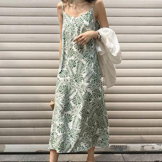 Leaf Print Strappy Midi Dress