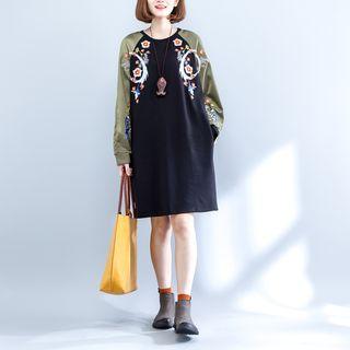 Embroidered Raglan Long-sleeve Dress