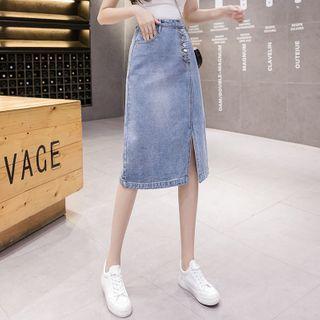 High-waist Button Denim Slit Midi A-line Skirt