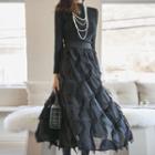 Set: Mockneck Knit Top + Fringed Maxi Skirt Black - One Size