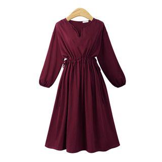 V-neck Long-sleeve Tie-waist Midi Dress