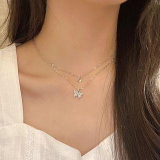 Layered Butterfly Choker Necklace Silver - One Size