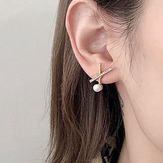 Cross Rhinestone Faux Pearl Earring Bm0437 - Cross & Pearl & Rhinestone - Gold - One Size