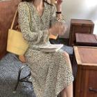 Long-sleeve V-neck Ruffle Trim Print Dress