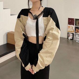 Buckled Two-tone Cropped Jacket Light Khaki & Black - One Size