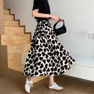 Heart Print Midi A-line Skirt Black Heart - White - One Size