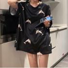 Short-sleeve Dolphin Print T-shirt Black - One Size