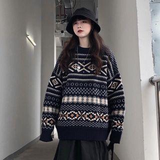 Long-sleeve Pattern Printed Sweater Floral - One Size