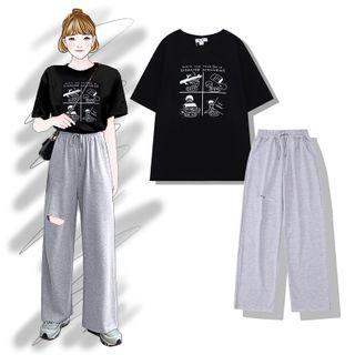 Printed Short-sleeve T-shirt / Distressed Wide-leg Pants