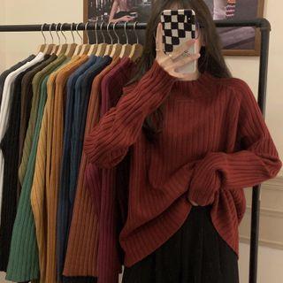 Semi High-neck Oversize Ribbed Top