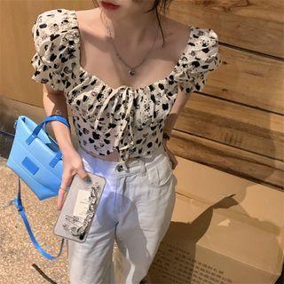 Puff-sleeve Heart Print Cropped Top