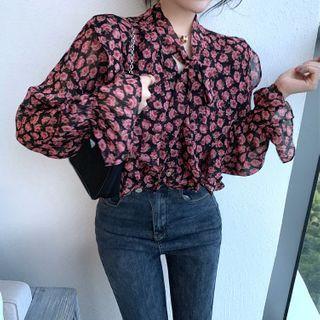 Tie-neck Balloon-sleeve Floral Print Blouse As Shown In Figure - One Size