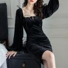 Square-neck Long-sleeve Mini Velvet Sheath Dress