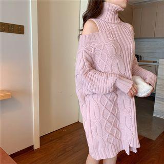 Turtle-neck Cutout Long-sleeve Knit Dress