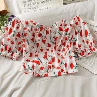Boatneck Puff-sleeve Printed Crop Shirt White - One Size