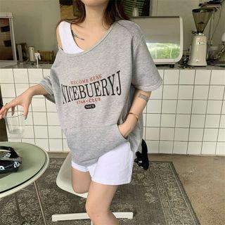 Elbow-sleeve Lettering T-shirt / Sleeveless Plain Mini Dress
