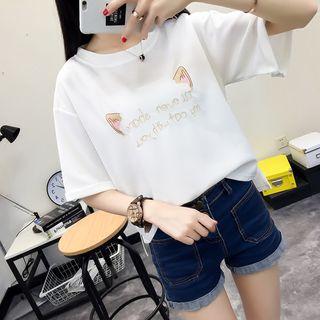 Cat Ear Embroidered Elbow-sleeve T-shirt