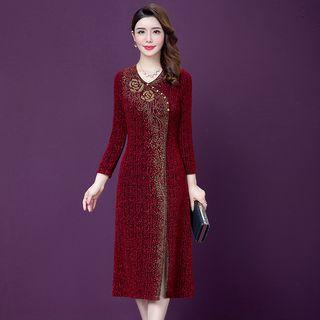 3/4-sleeve Embroidered Split-front Midi Dress
