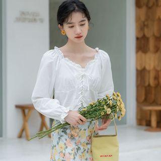 V-neck Plain Ruffle Drawstring Cropped Blouse White - One Size