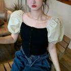 Puff-sleeve Square-neck Color Block Top Almond & Black - One Size