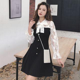 Mock Two-piece Bell-sleeve Lace Panel Mini A-line Dress